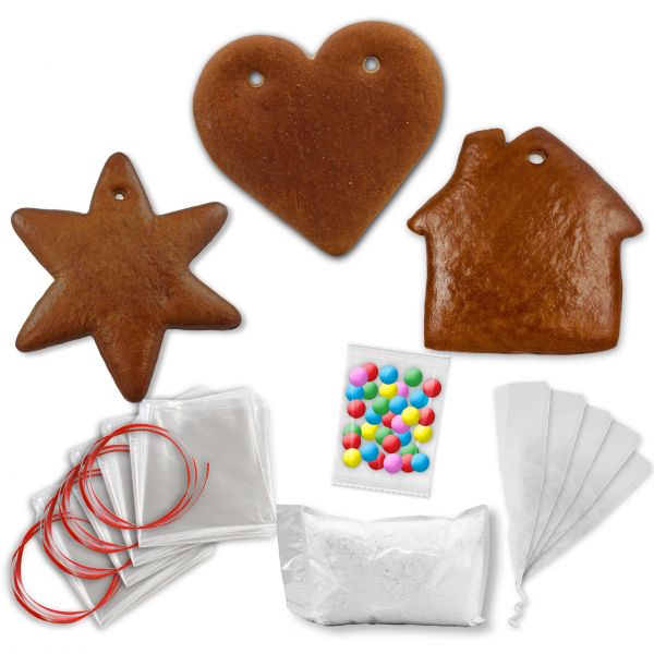 Lebkuchen Rohling Komplett Set - 15 Stück - Herz Stern Lebkuchenhaus - 12cm - inkl. Zubehör