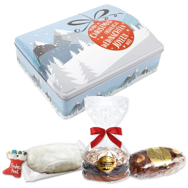 Geschenkbox Fröhliche Weihnachten Winterlandschaft mit Christbaumkugel - befüllt - ca. 715g