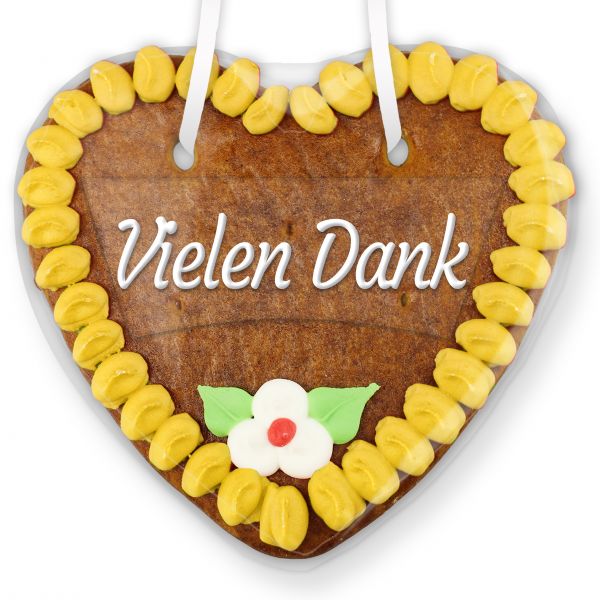Lebkuchenherz mit Text - Aufkleber - 14cm - Vielen Dank - Gelb