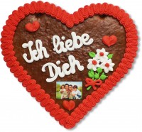 Personalisiertes Lebkuchenherz mit Foto beschriftet mit Ich liebe Dich