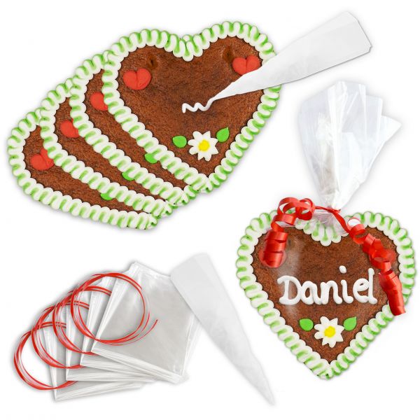 Lebkuchenherzen - Do it Yourself Set - 12cm - Design 1 - grün-weiß - 10 Stück