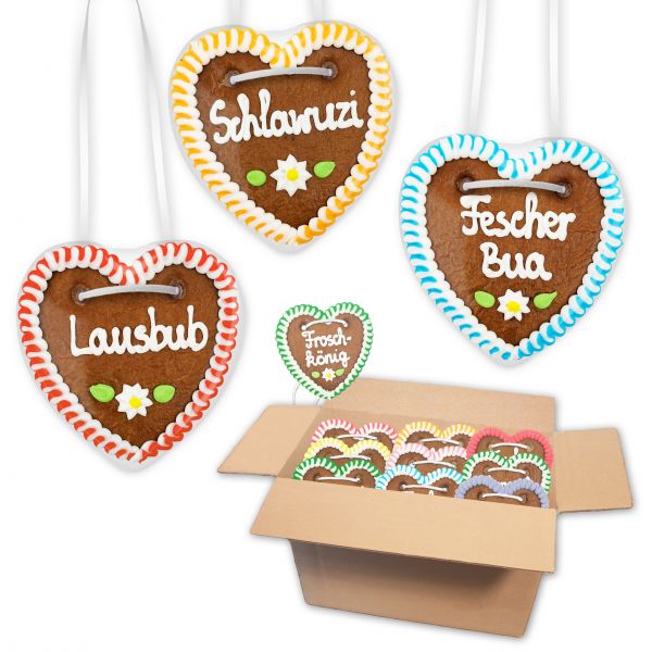 Lebkuchen-Herz Mischkarton 10cm - Wiesn Klassiker für Männer - versch. Stückzahl