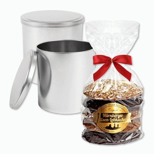 Silberne Geschenkdose mit Elisenlebkuchen