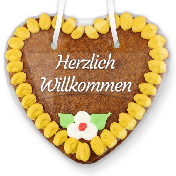 Lebkuchenherz mit Text - Aufkleber - 14cm - Herzlich Willkommen - Gelb
