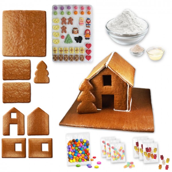 Lebkuchenhaus – Bausatz mit Zuckerguss Fertig-Mix - ca. 43x42x28cm - inkl. Hexenhausdeko A, Schokoli