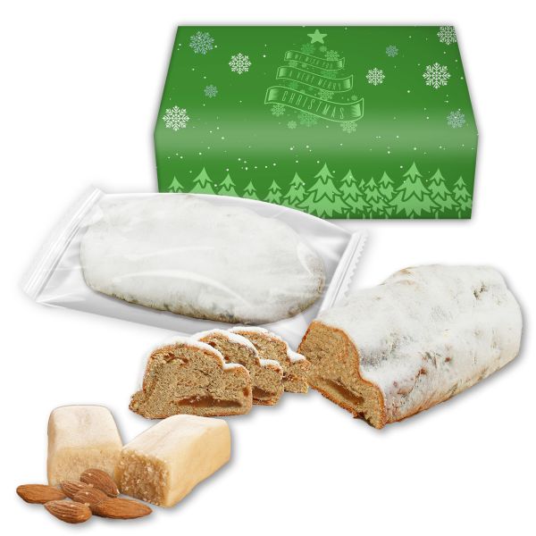 Marzipanstollen ohne Rosinen - 500g - in individueller Geschenkbox als weihnachtlicher Werbeartikel