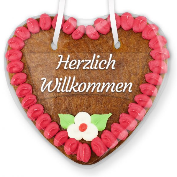 Lebkuchenherz mit Text - Aufkleber - 14cm - Herzlich Willkommen - Pink