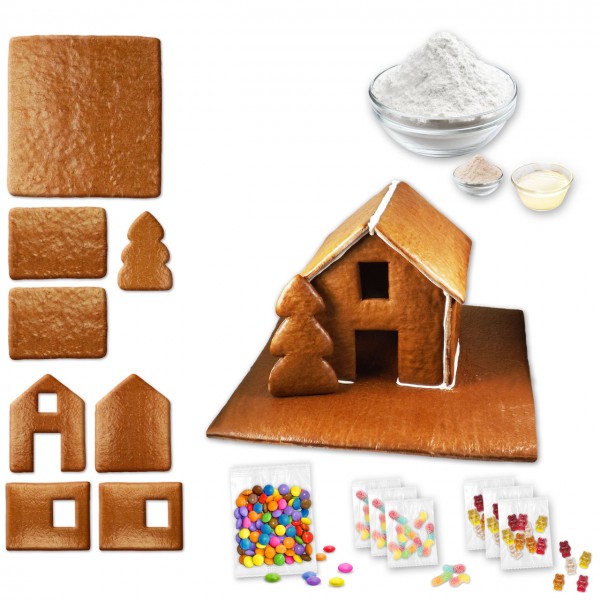 Lebkuchenhaus – Bausatz mit Zuckerguss Fertig-Mix - ca. 43x42x28cm - inkl. Schokolinsen und Gummibär