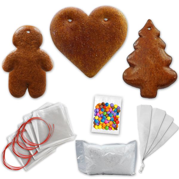 Lebkuchen Rohling Komplett Set - 15 Stück - Herz Tanne Mann - 12cm - inkl. Zubehör