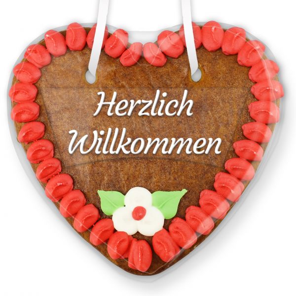 Lebkuchenherz mit Text - Aufkleber - 14cm - Herzlich Willkommen - Rot