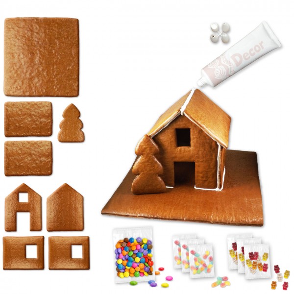 Lebkuchenhaus – Bausatz mit Zuckerguss-Tube - ca. 43x42x28cm - inkl. Schokolinsen und Gummibärchen