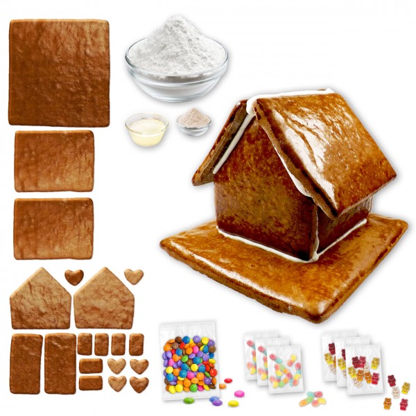 Lebkuchenhaus – Bausatz mit Zuckerguss Fertig-Mix – ca. 18x17x14cm - inkl. Schokolinsen und Gummibär