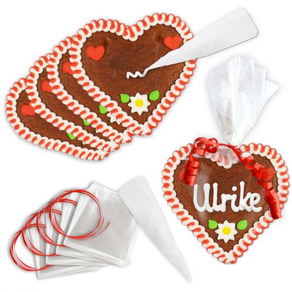 Lebkuchenherzen - Do it Yourself Set - 12cm - Design 1 - rot-weiß - 10 Stück