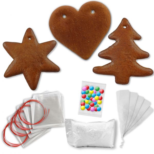 Lebkuchen Rohling Komplett Set - 15 Stück - Herz Stern Tanne - 12cm - inkl. Zubehör