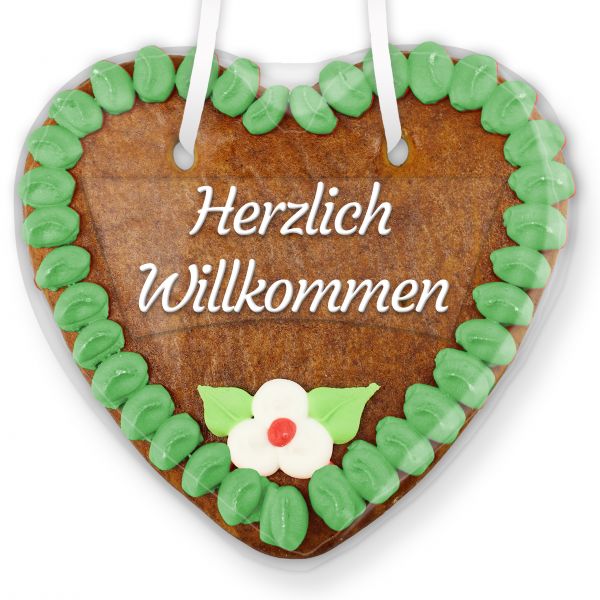 Lebkuchenherz mit Text - Aufkleber - 14cm - Herzlich Willkommen - Grün