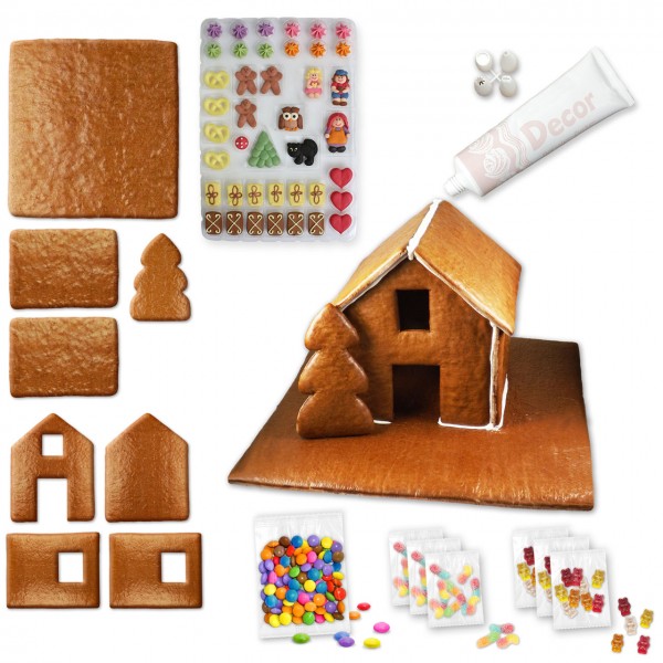 Lebkuchenhaus – Bausatz mit Zuckerguss-Tube - ca. 43x42x28cm - inkl. Hexenhausdeko A, Schokolinsen u