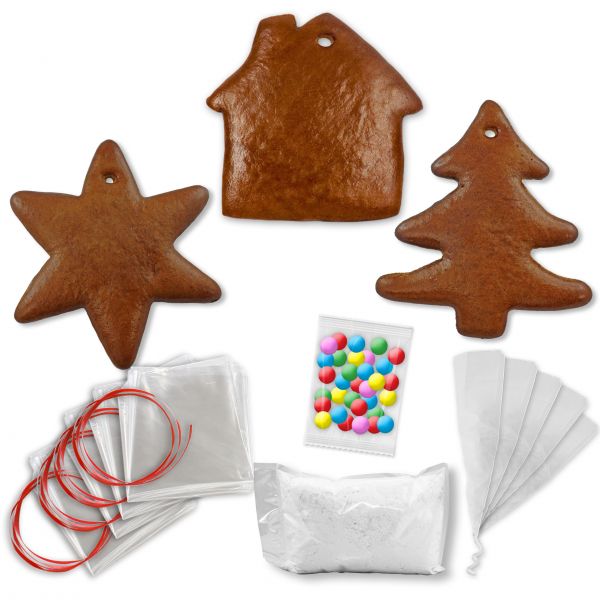 Lebkuchen Rohling Komplett Set - 15 Stück - Stern Tanne Lebkuchenhaus - 12cm - inkl. Zubehör