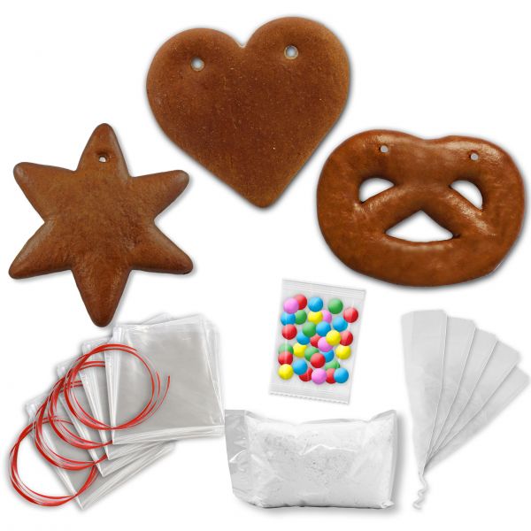 Lebkuchen Rohling Komplett Set - 15 Stück - Stern Brezel Herz - 12cm - inkl. Zubehör