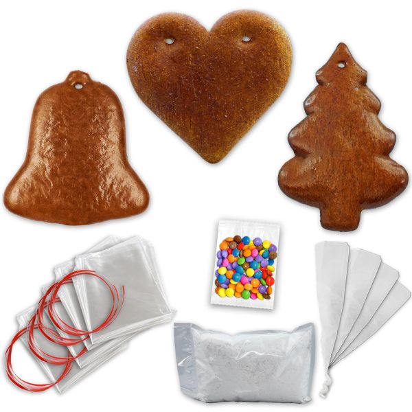 Lebkuchen Rohling Komplett Set - 15 Stück - Herz Tanne Glocke - 12cm - inkl. Zubehör