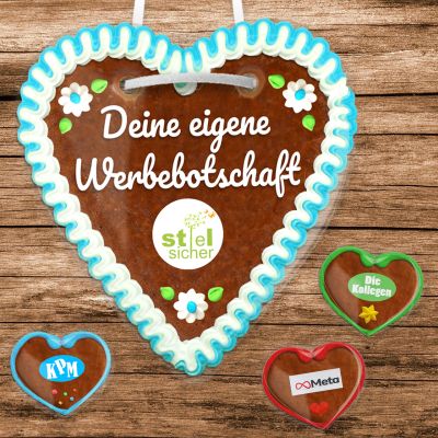 Individuelle Lebkuchenherzen gebrandet mit Firmenlogo und Wunschtext