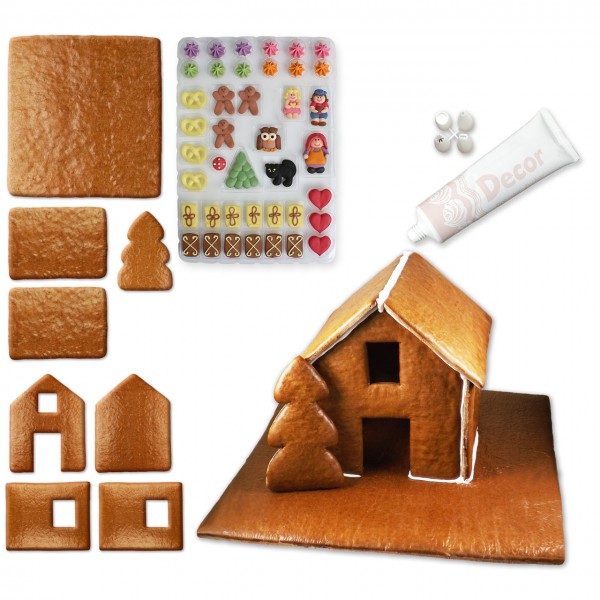 Lebkuchenhaus – Bausatz mit Zuckerguss-Tube - ca. 43x42x28cm - inkl. Hexenhausdeko A