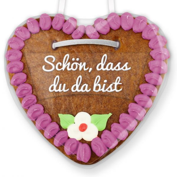 Lebkuchenherz mit Text - Aufkleber - 14cm - Schön, dass du da bist - Lila