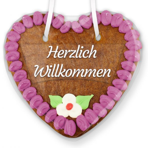 Lebkuchenherz mit Text - Aufkleber - 14cm - Herzlich Willkommen - Lila